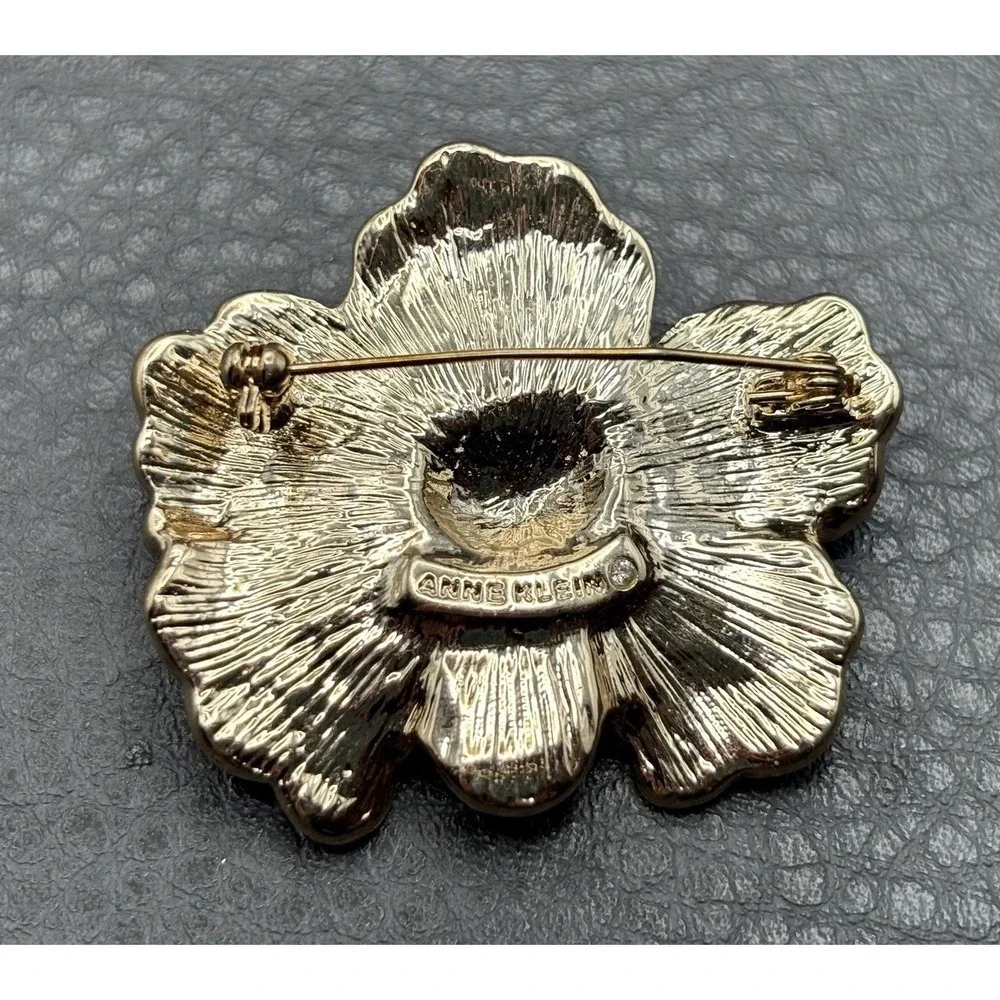 Anne Klein Signed Purple Enamel Pansy Flower Brooch Pin Crystal AB Rhinestone